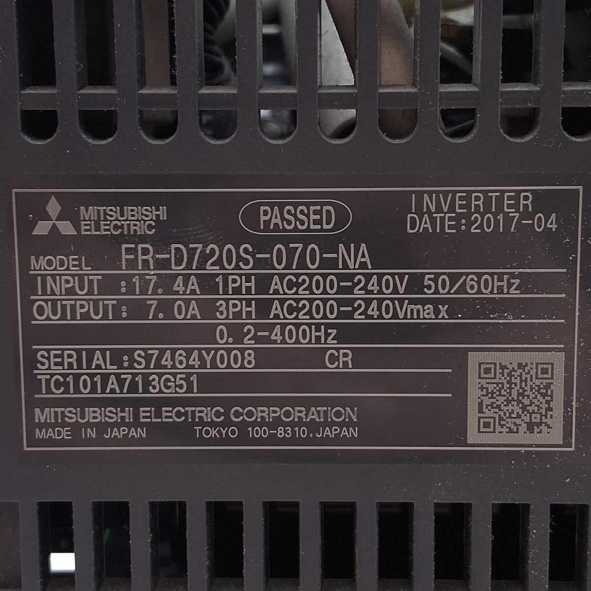 Used Mitsubishi FR-D720S-070-NA VFD, 1Ø 200-240VAC In, 3Ø 200-240VAC 1.5kW Out, 400Hz
