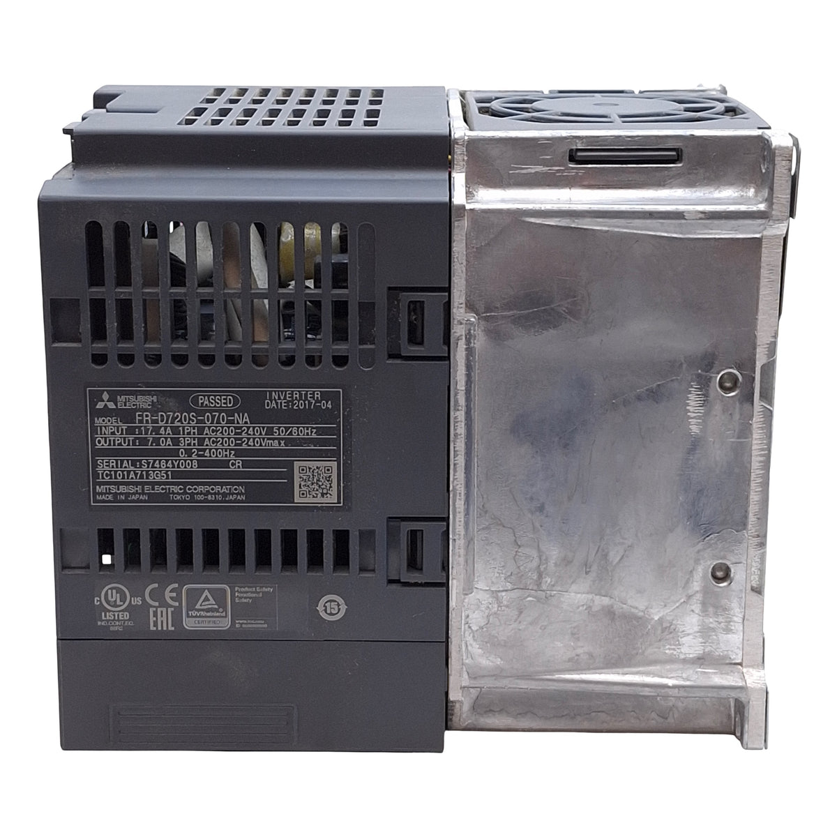 Used Mitsubishi FR-D720S-070-NA VFD, 1Ø 200-240VAC In, 3Ø 200-240VAC 1.5kW Out, 400Hz
