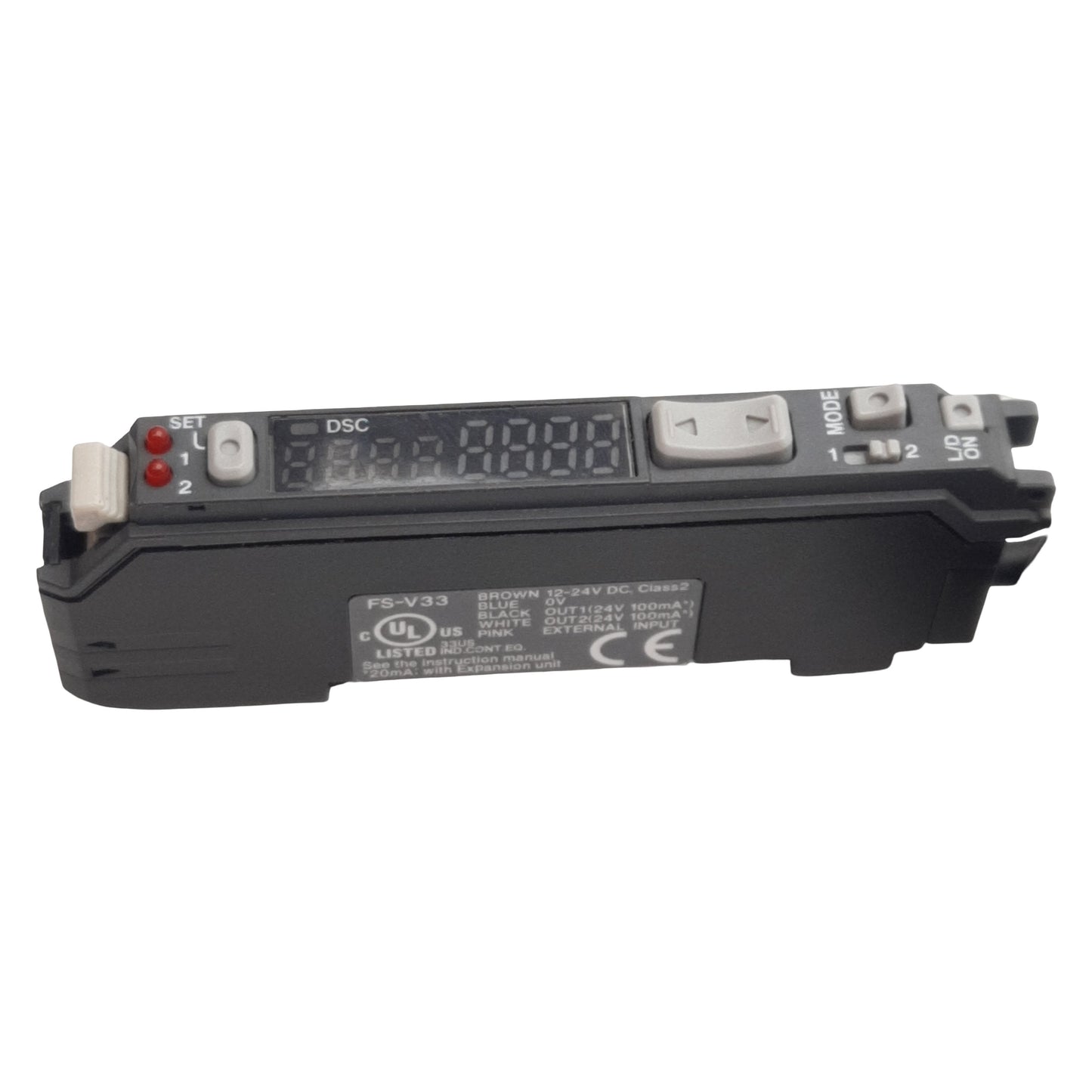 Used Keyence FS-V33 Fiber Optic Amplifier, 2 NPN, 12-24VDC In, 24V 100mA Out, Red LED