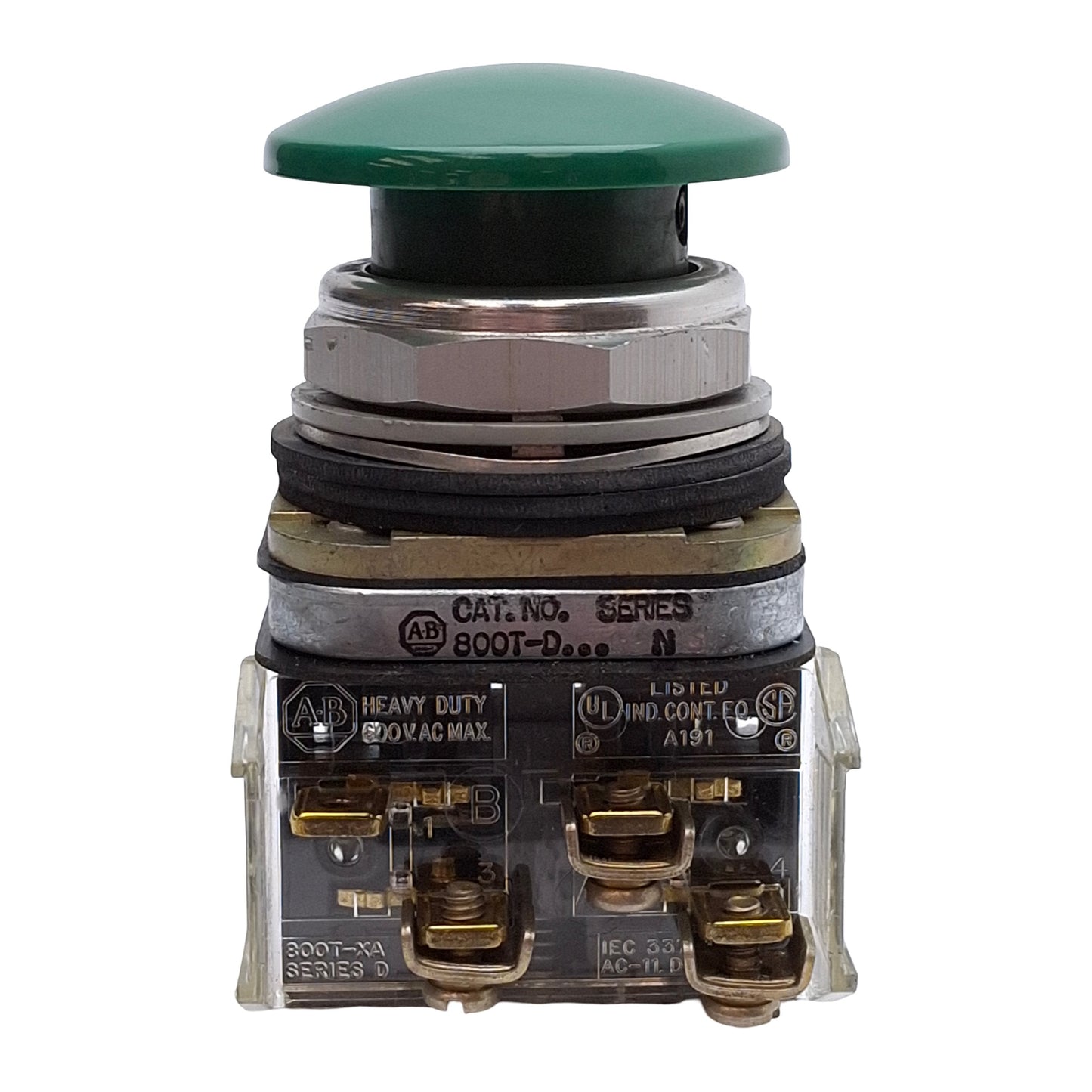 Used Allen Bradley 800T-D1A1 Green Momentary Mushroom Head Pushbutton 1NC+1NO 600VAC