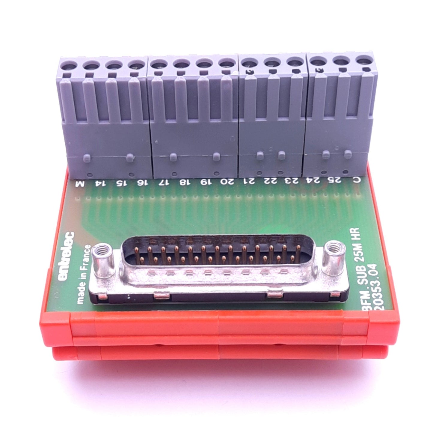 Used Entrelec BFM.SUB 25M HR 20353.04 Breakout Board, D-Sub 25-Pin Male, DIN Rail