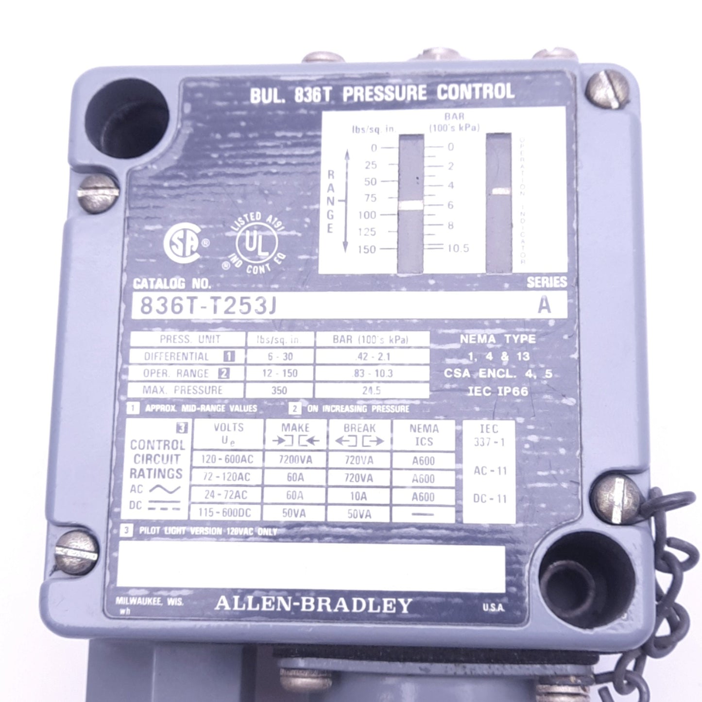 Used Allen Bradley 836T-T253J Pressure Control Switch, 12-150psi Set, 350psi Max