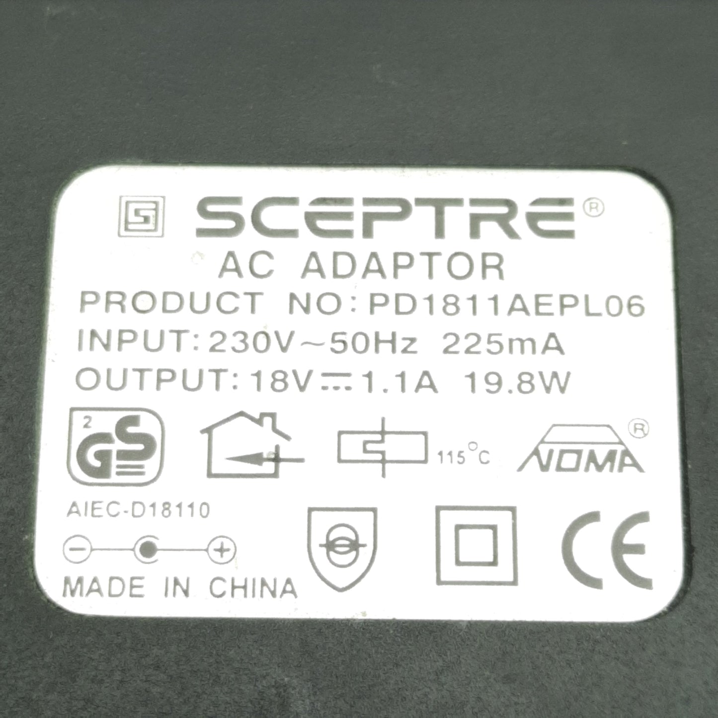 Used Sceptre PD1811AEPL06 AC Adaptor, 230VAC In, 18VDC 1.1A 19.8W Out, 5-Pin DIN