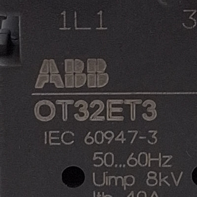 Used ABB OT32ET3 Rotary Disconnect Switch, 3-Pole, 40A 600VAC 25HP, Panel Mount