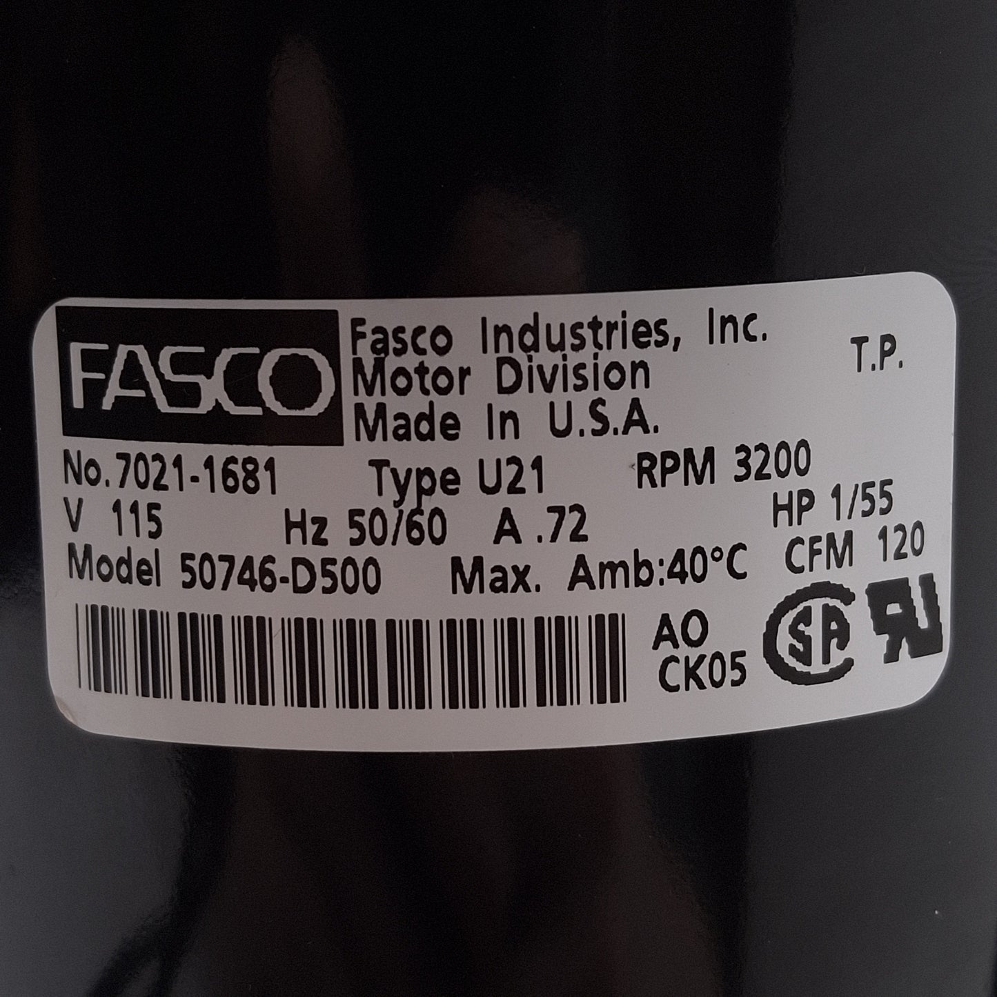 Used FASCO 50746-D500 Centrifugal Blower, 120CFM, 3200RPM, 1/55HP, 115VAC, 10in Leads