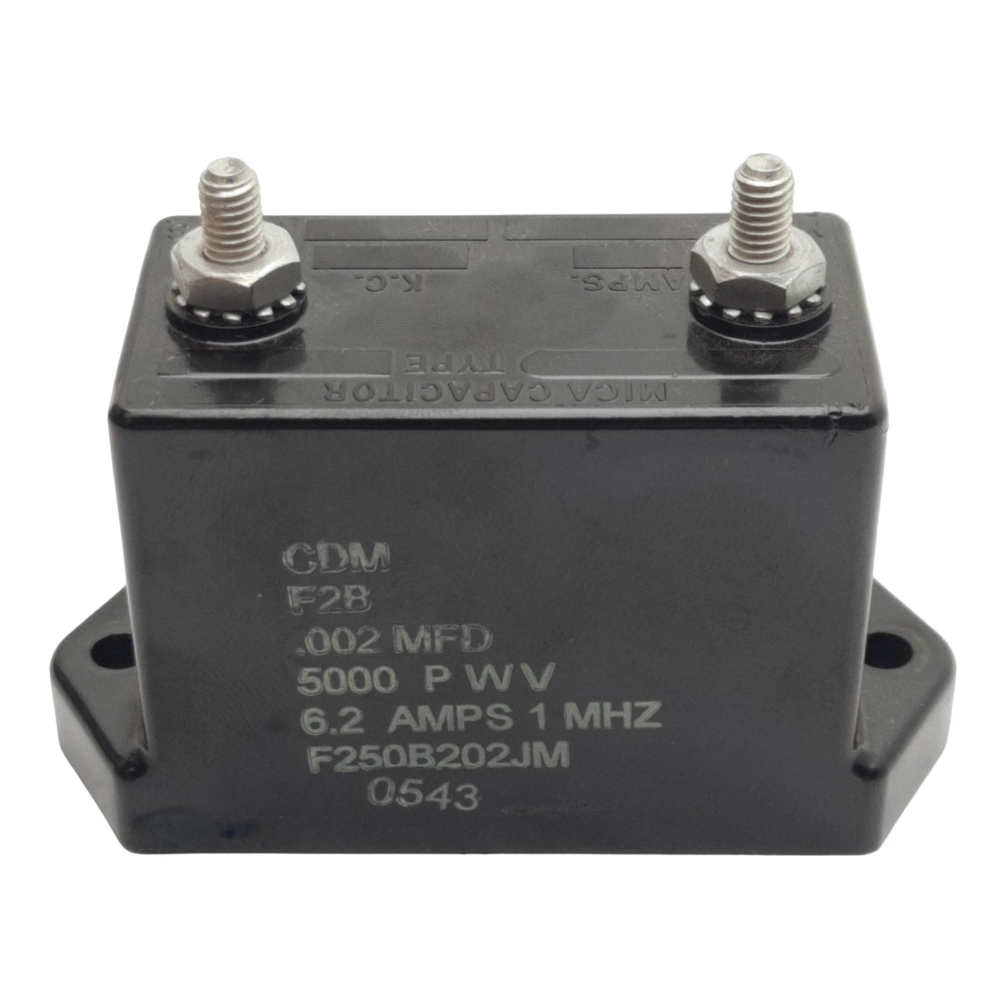 Used CDM F250B202JM High-Voltage Mica Capacitor, 5000V Max, 6.2A at 1MHz, 0.002µF