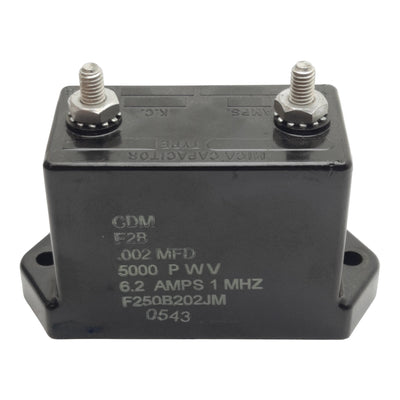 Used CDM F250B202JM High-Voltage Mica Capacitor, 5000V Max, 6.2A at 1MHz, 0.002µF