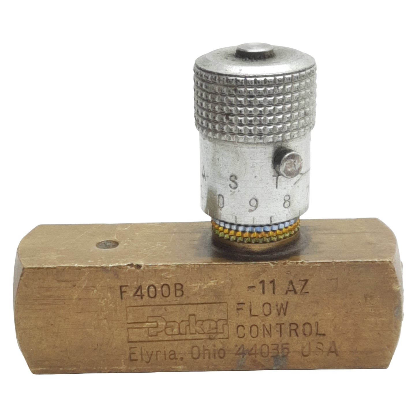 Used Parker F400B In-Line Flow Control Valve, 2000psi, 1/4in x 1/4in Female NPT, 5gpm