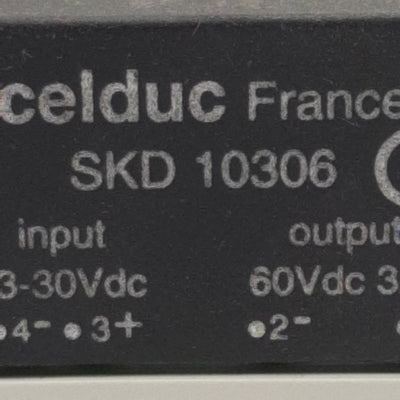 Used Celduc SKD10306 DC Solid-State Relay, 3-30VDC In, 60VDC 3A Out, DIN Rail