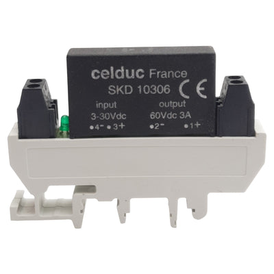 Used Celduc SKD10306 DC Solid-State Relay, 3-30VDC In, 60VDC 3A Out, DIN Rail