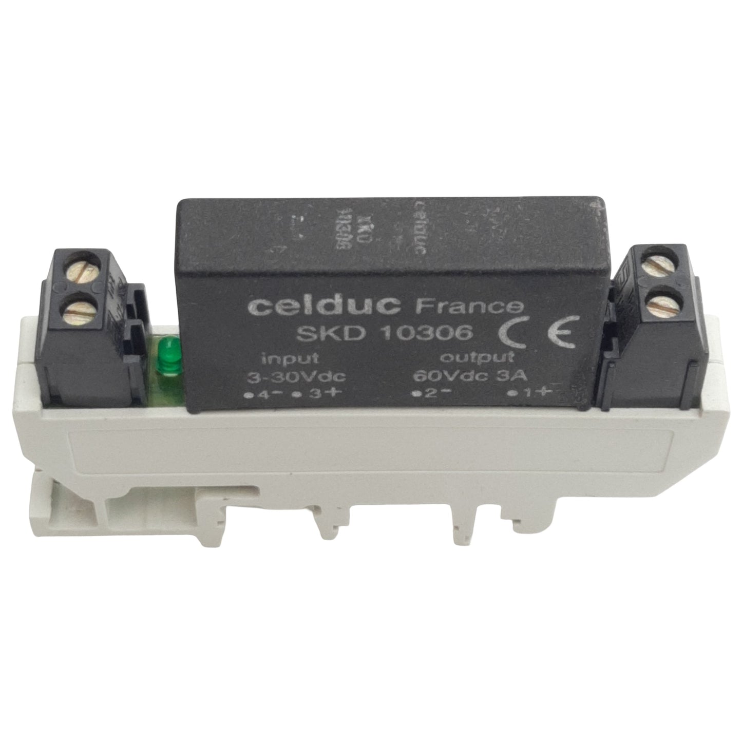 Used Celduc SKD10306 DC Solid-State Relay, 3-30VDC In, 60VDC 3A Out, DIN Rail