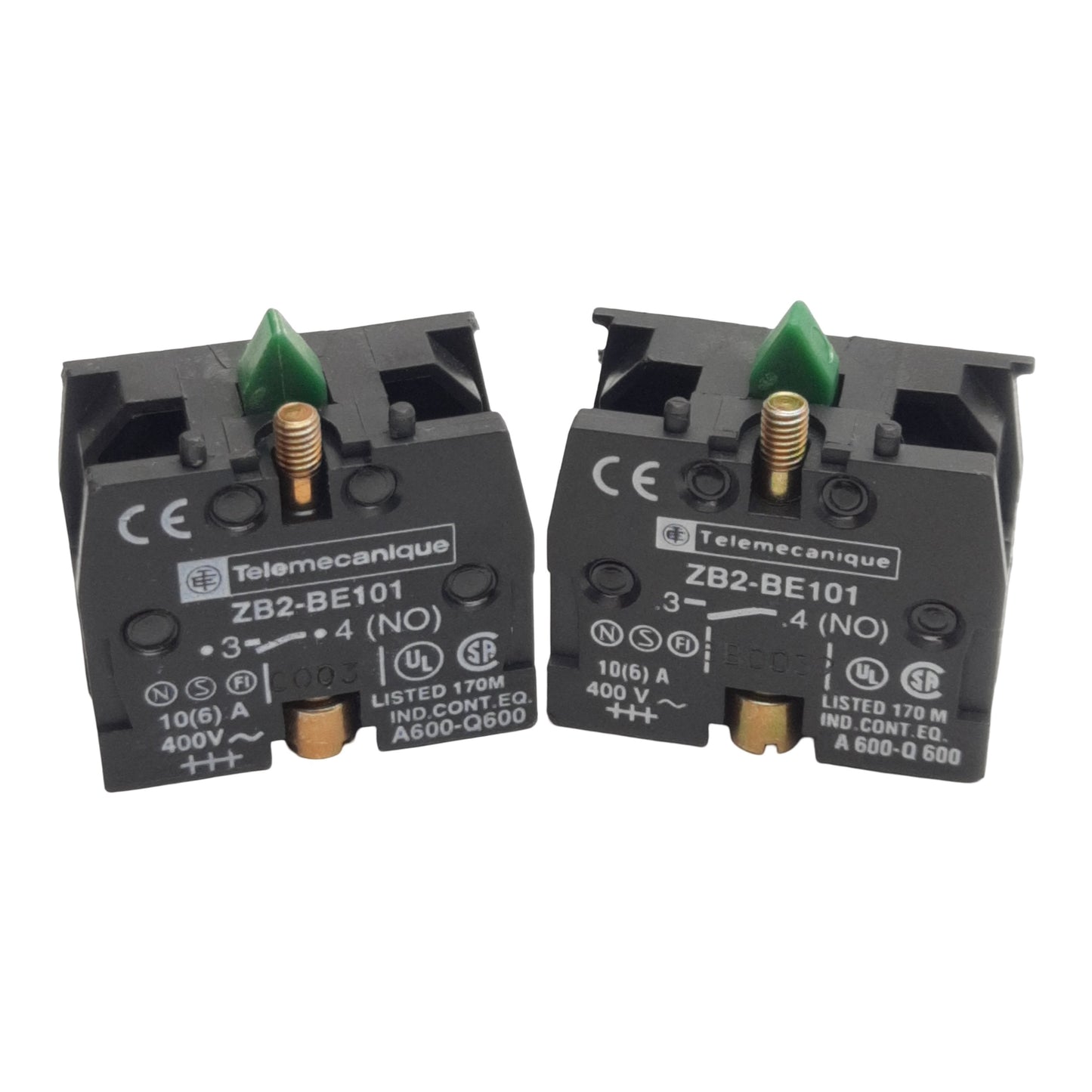 Used Lot of 2 Telemecanique ZB2-BE101 Contact Block, 1N.O., 10A 600VAC, 22mm
