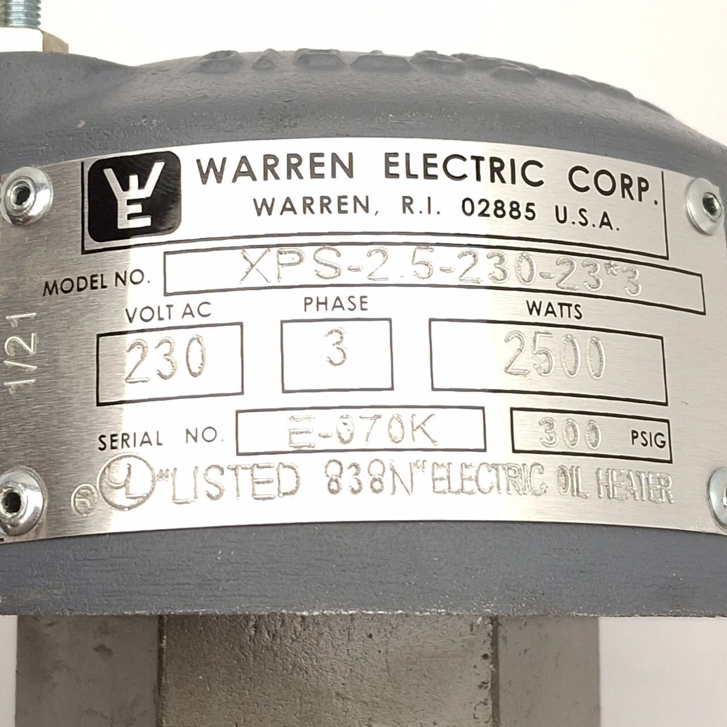 Used Warren Electric XPS-2.5-230-23*3 Screw Plug Immersion Heater, 2.5kW, 3Ø 230VAC