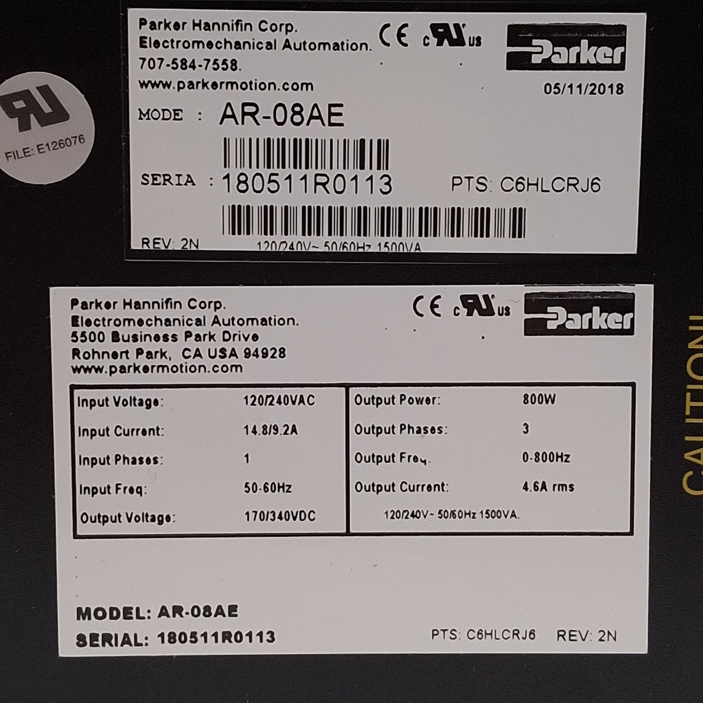 New Parker AR-08AE Aries Single-Axis Servo Drive 120/240VAC In, 170/340VDC Out, 800W