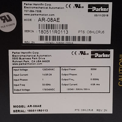 New Parker AR-08AE Aries Single-Axis Servo Drive 120/240VAC In, 170/340VDC Out, 800W