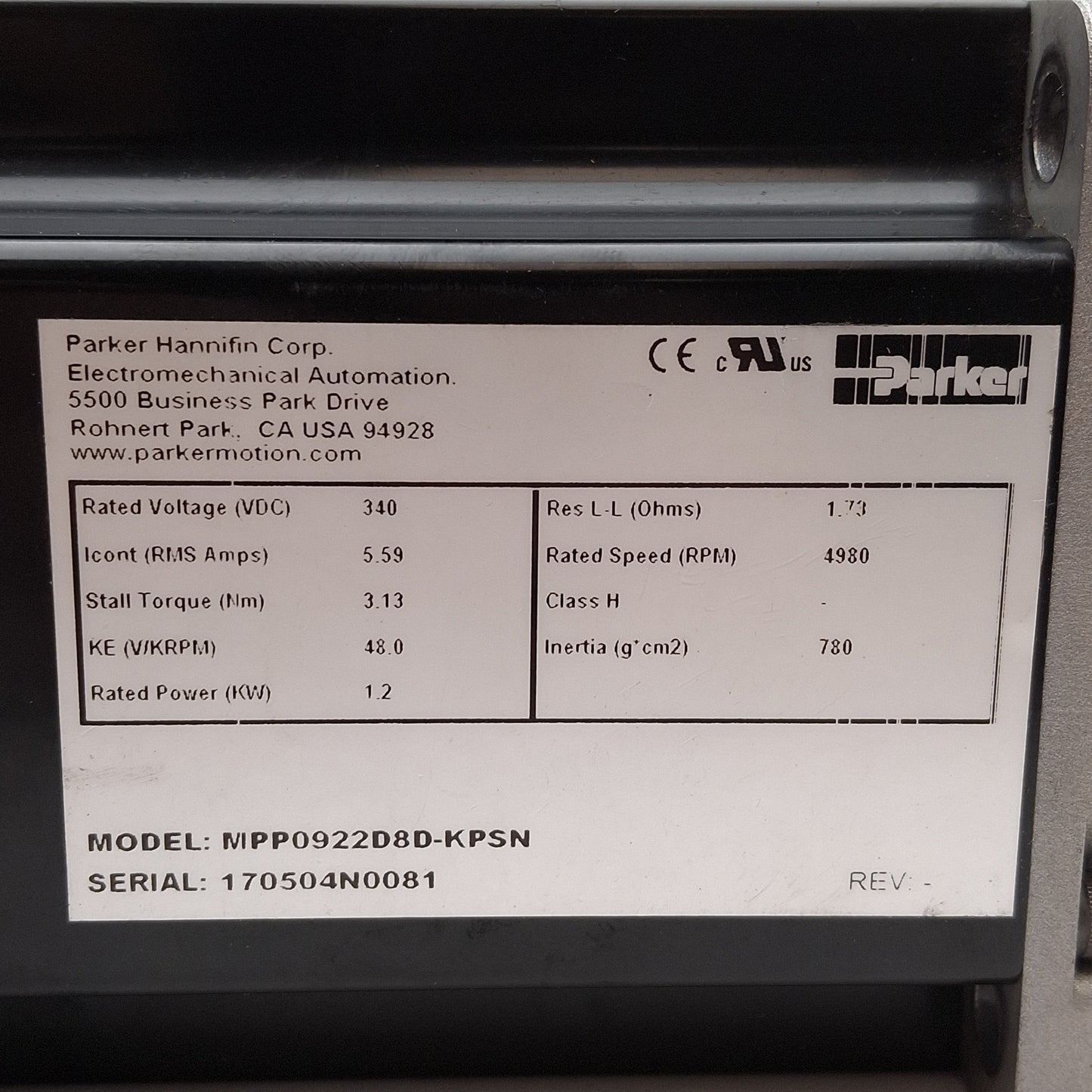 Used Parker MPP0922D8D-KPSN Servo Motor, 340VDC Bus, 1.2kW, 4980RPM, 3.13Nm, NEMA 34