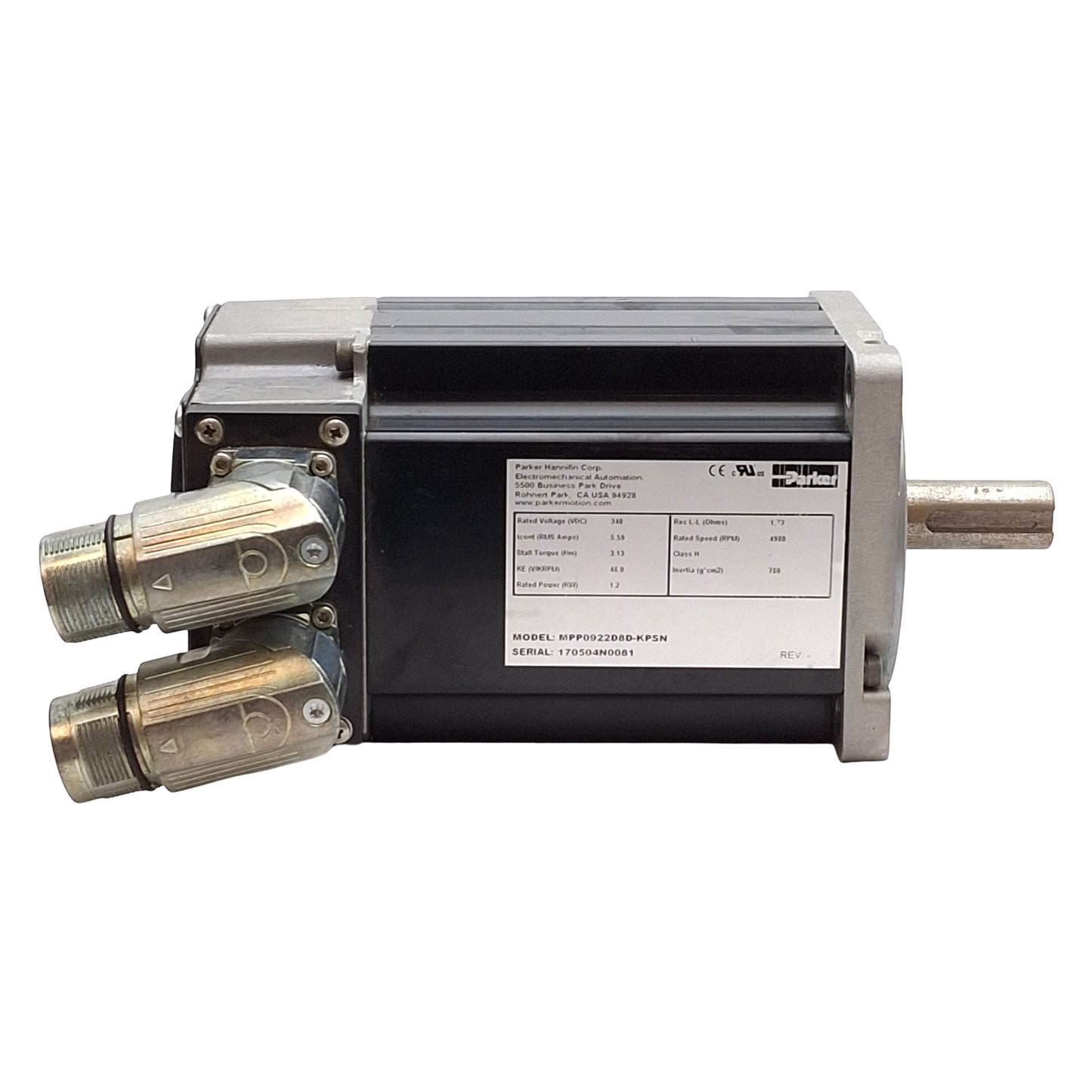 Used Parker MPP0922D8D-KPSN Servo Motor, 340VDC Bus, 1.2kW, 4980RPM, 3.13Nm, NEMA 34