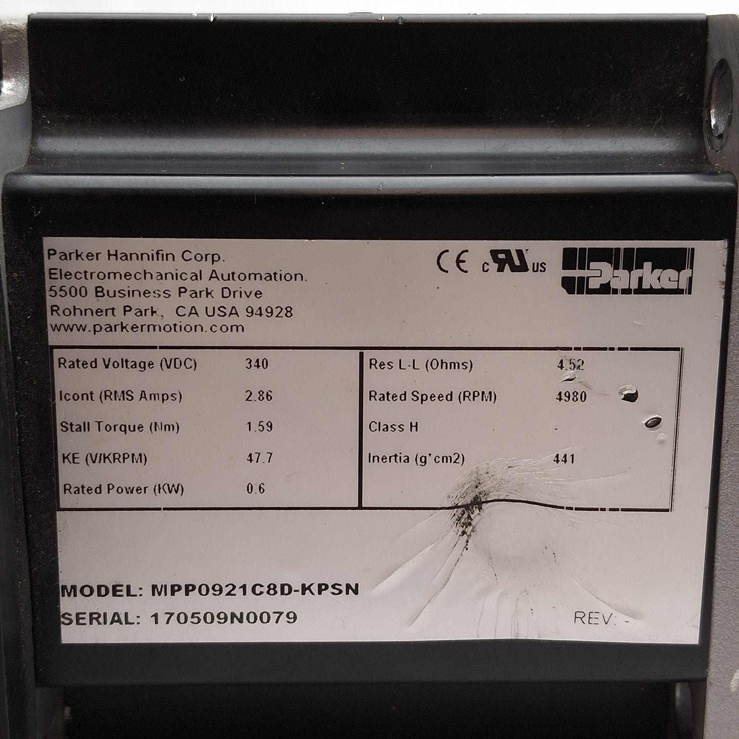 Used Parker MPP0921C8D-KPSN Servo Motor, 340VDC Bus, 0.6kW, 4980RPM, 1.59Nm, NEMA 34