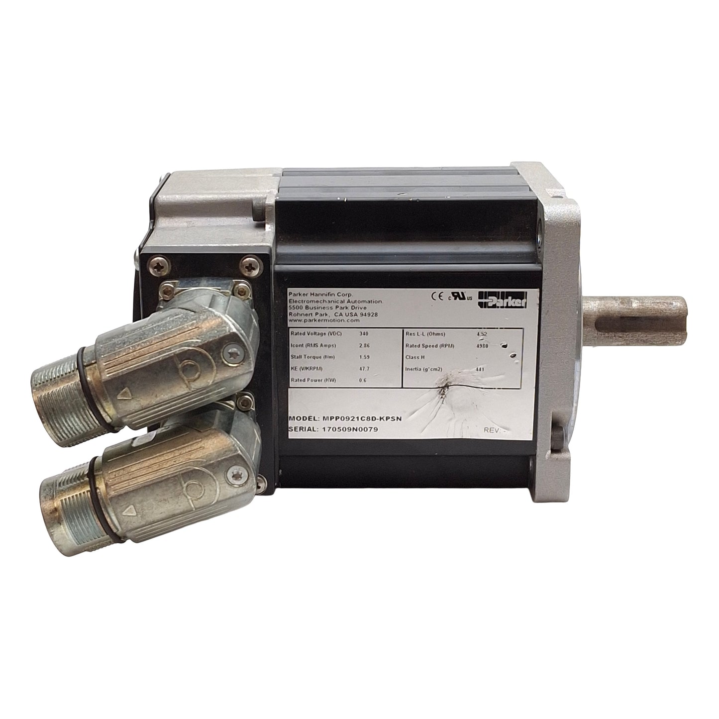 Used Parker MPP0921C8D-KPSN Servo Motor, 340VDC Bus, 0.6kW, 4980RPM, 1.59Nm, NEMA 34