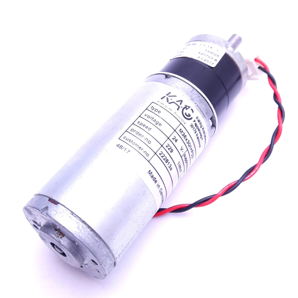 Used KAG M36x30/I+P32I Brushed DC Motor w/ Gear, ø6mm Shaft, 229rpm, 42Ncm, 24VDC