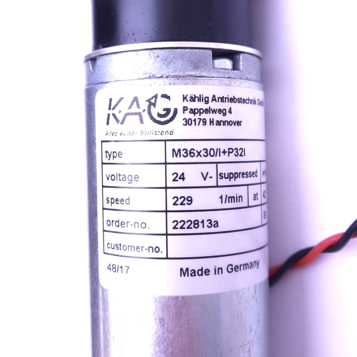 Used KAG M36x30/I+P32I Brushed DC Motor w/ Gear, ø6mm Shaft, 229rpm, 42Ncm, 24VDC
