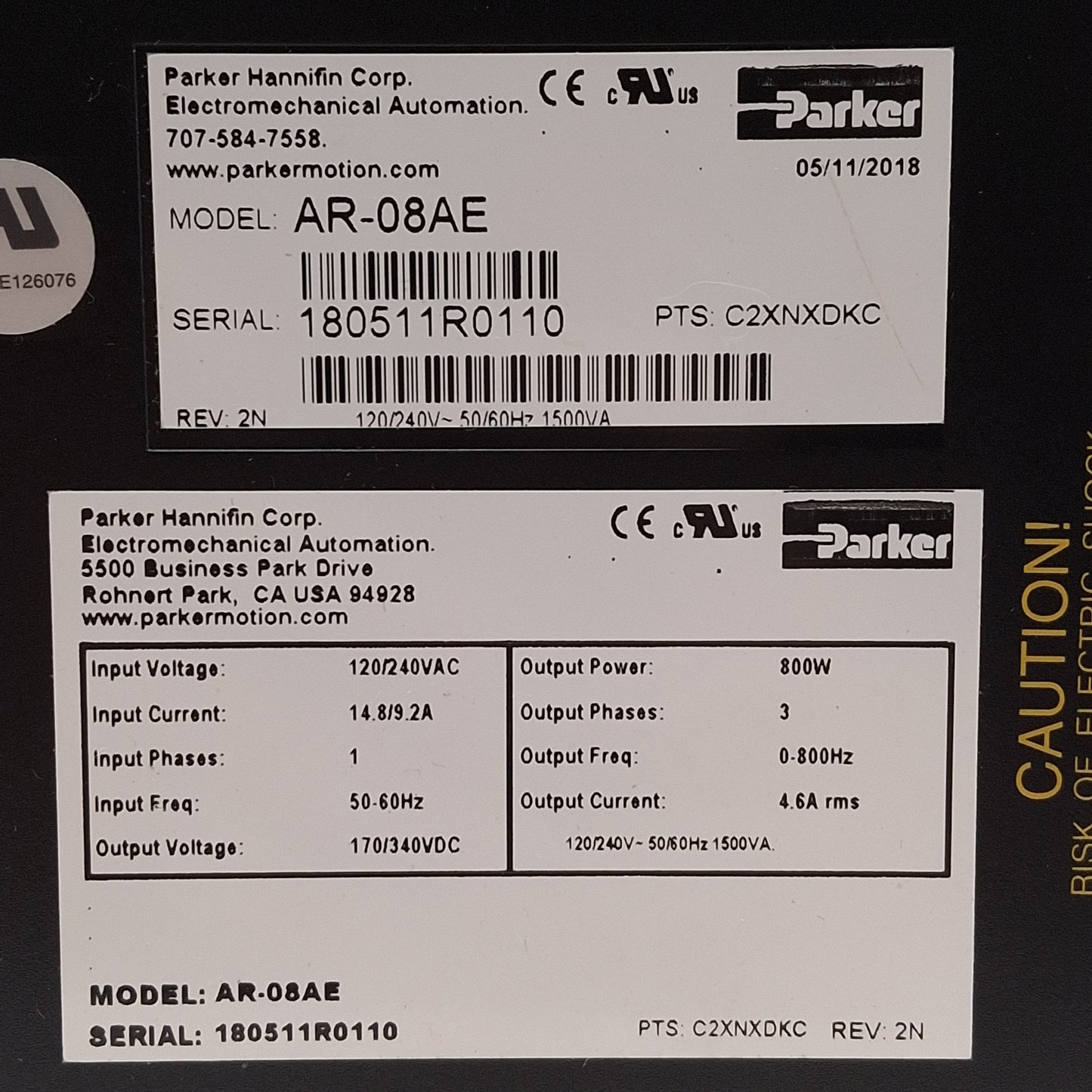 New – Open box Parker AR-08AE Aries Single-Axis Servo Drive 120/240VAC In, 170/340VDC 800W Out