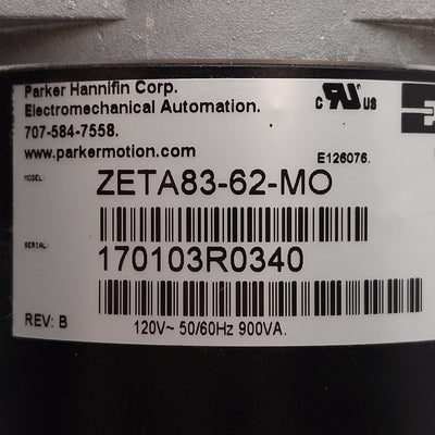 New – Open box Parker ZETA83-62-MO Stepper Motor, 1.8°/Step, 120VAC 7.5A, ø3/8in Shaft, NEMA 34