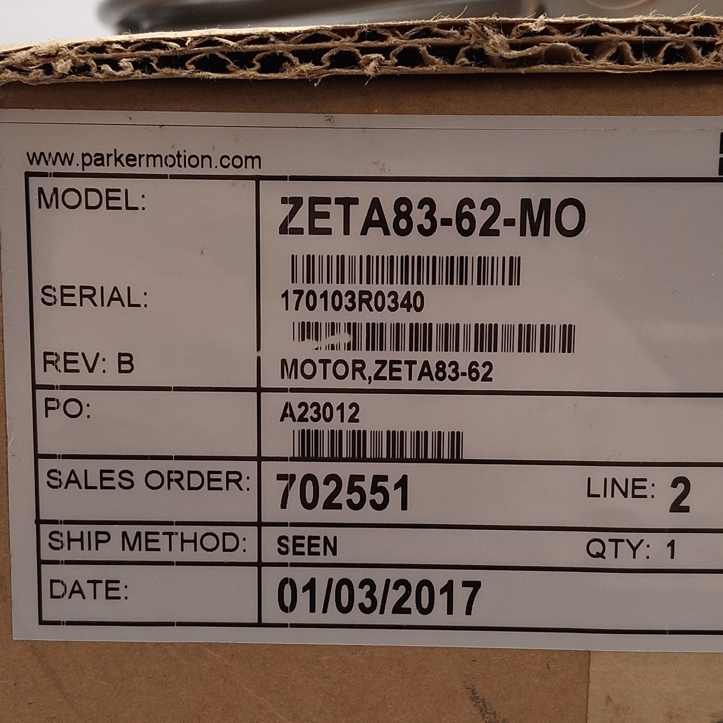 New – Open box Parker ZETA83-62-MO Stepper Motor, 1.8°/Step, 120VAC 7.5A, ø3/8in Shaft, NEMA 34