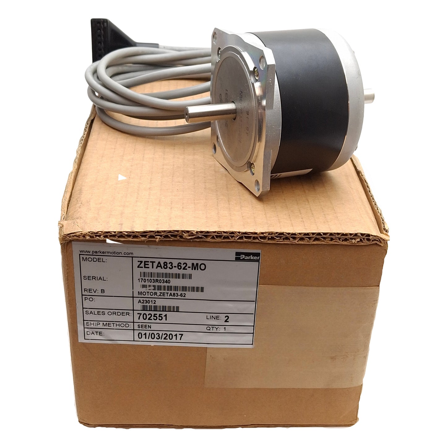 New – Open box Parker ZETA83-62-MO Stepper Motor, 1.8°/Step, 120VAC 7.5A, ø3/8in Shaft, NEMA 34