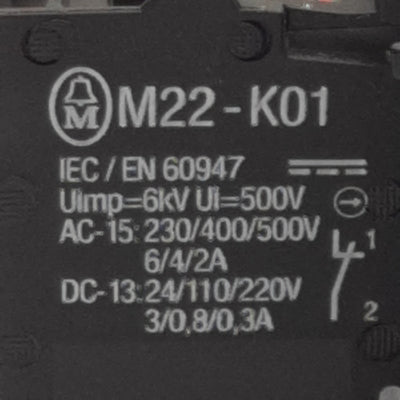Used Eaton Moeller M22-PV-K01 Emergency Stop Push Button, 1N.C., 10A 600VAC, 22mm