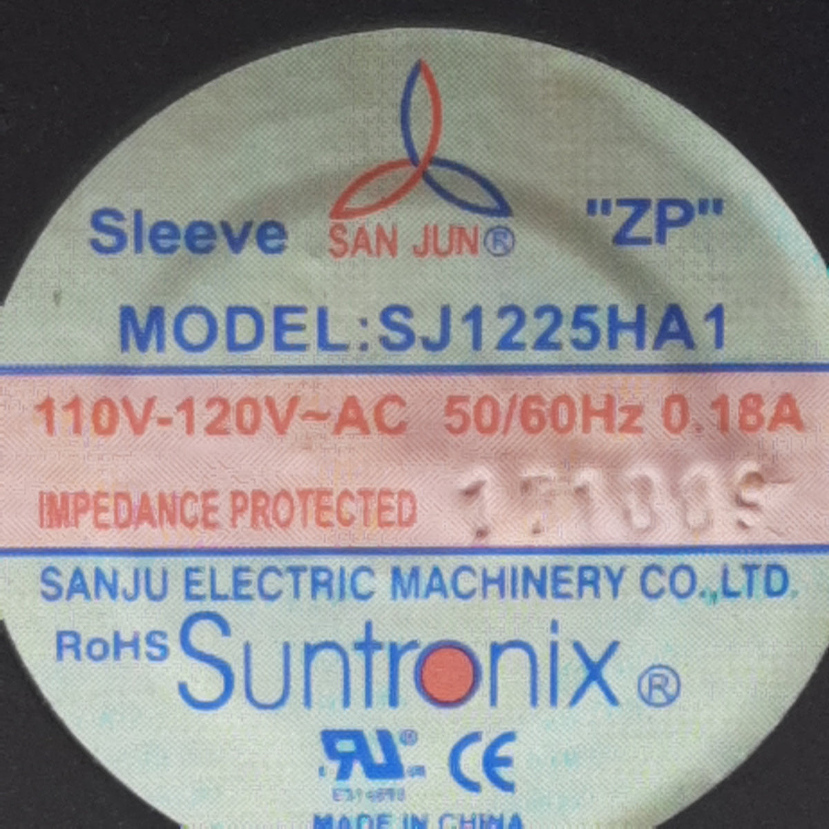 Used Lot of 2 Suntronix SJ1225HA1 Axial Fan, 110-120VAC 0.18A, 76cfm, 2700rpm, 14/16W