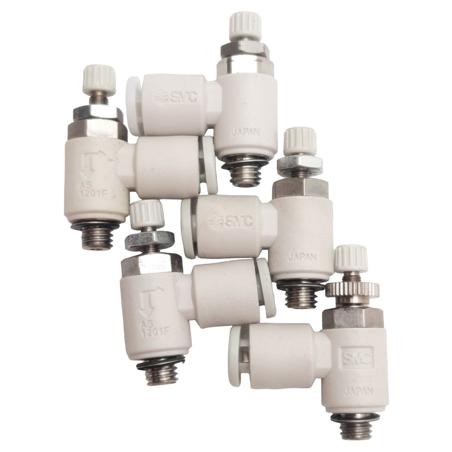 Used Lot of 5 SMC AS1201F-M5-04 Pneumatic Elbow Fitting, ø4mm Tube, M5 Male, 1MPa