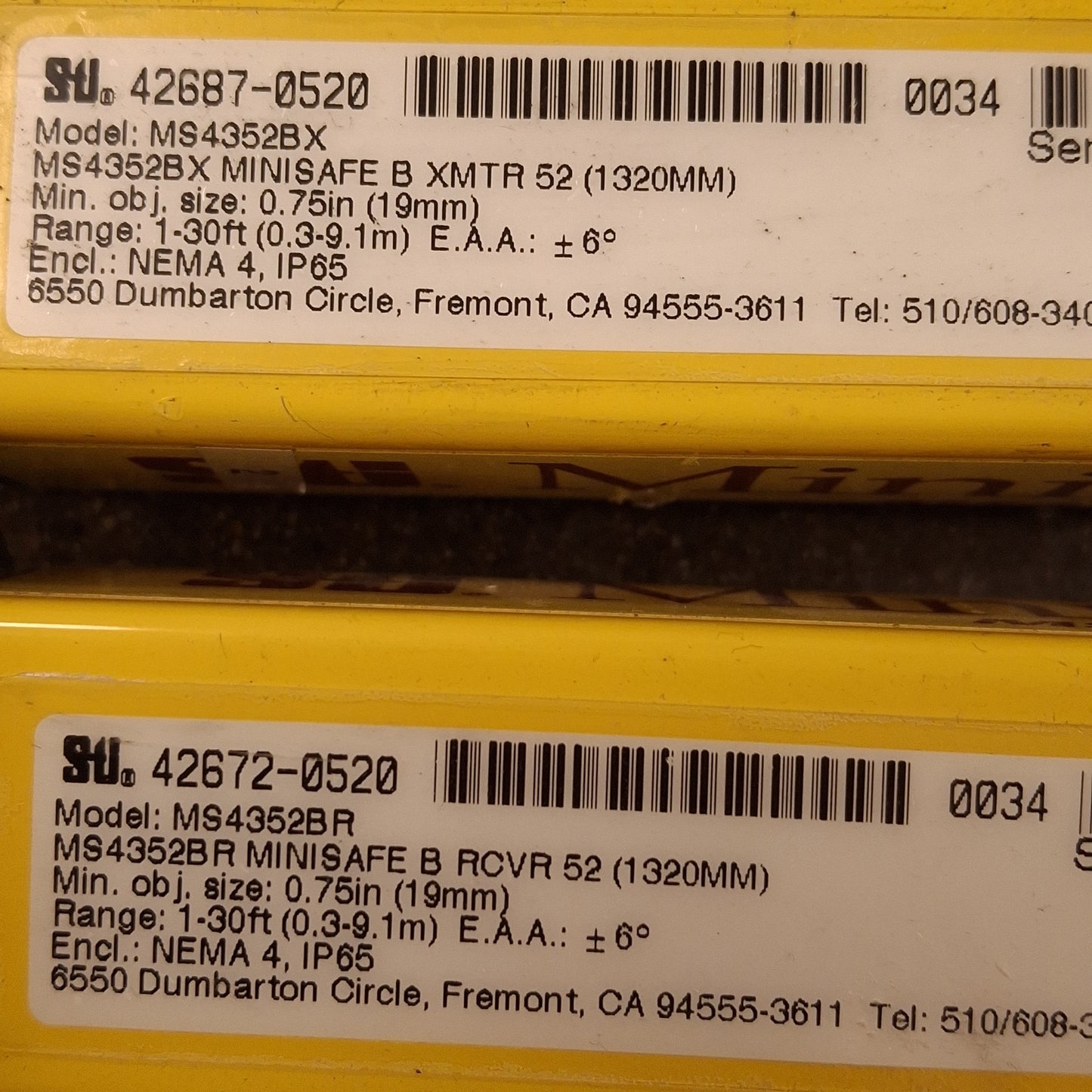 Used Omron Sti MS4352BX/MS4352BR Minisafe Light Curtain Emitter & Receiver, 52in