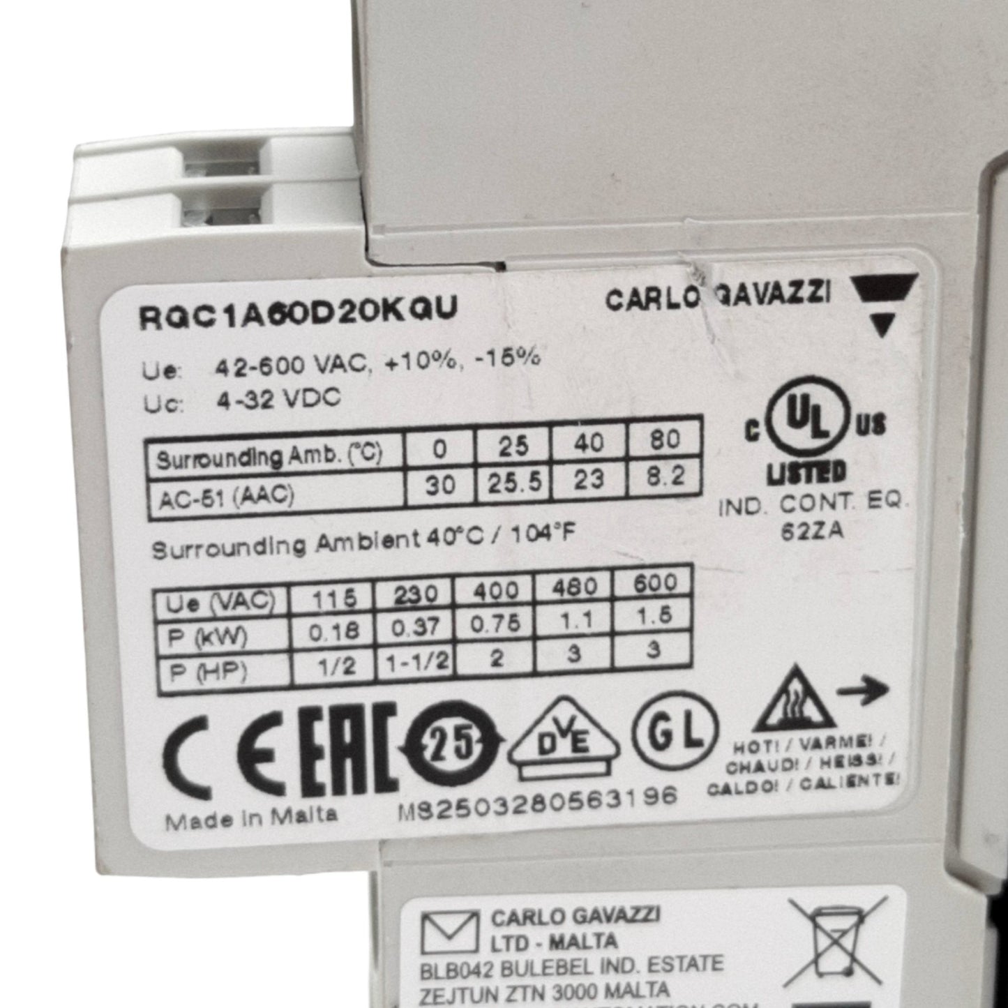 Used Carlo Gavazzi RGC1A60A15KGU Solid State Relay, 600V 20A Contact, 4-32VDC Control