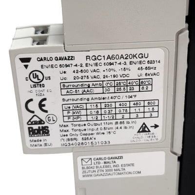 New Carlo Gavazzi RGC1A60A20KGU Solid State Contactor, Control 20-275VAC / 24-190VDC