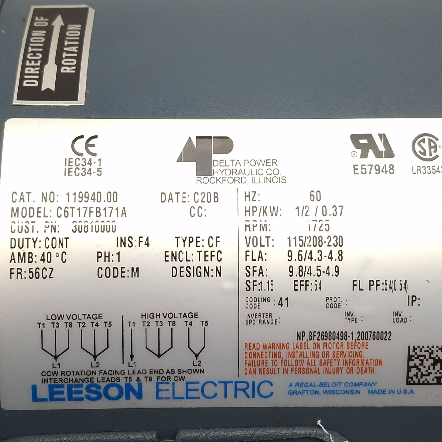 Used Delta Power 30810000 Hydraulic Pump, 1/2HP, 115/208-230VAC, 1725RPM, 1/4in NPT