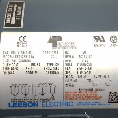 Used Delta Power 30810000 Hydraulic Pump, 1/2HP, 115/208-230VAC, 1725RPM, 1/4in NPT