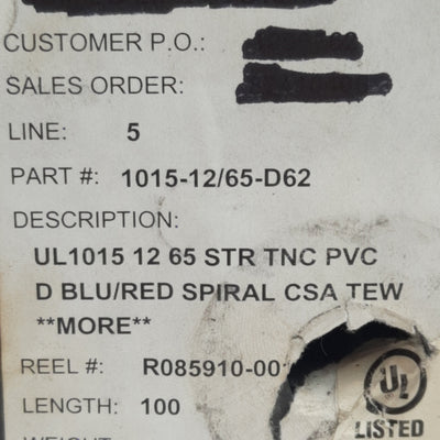 New Copperfield 1015-12/65-D62 Hookup Wire, 12 Gauge, 600V, 100ft, TNC