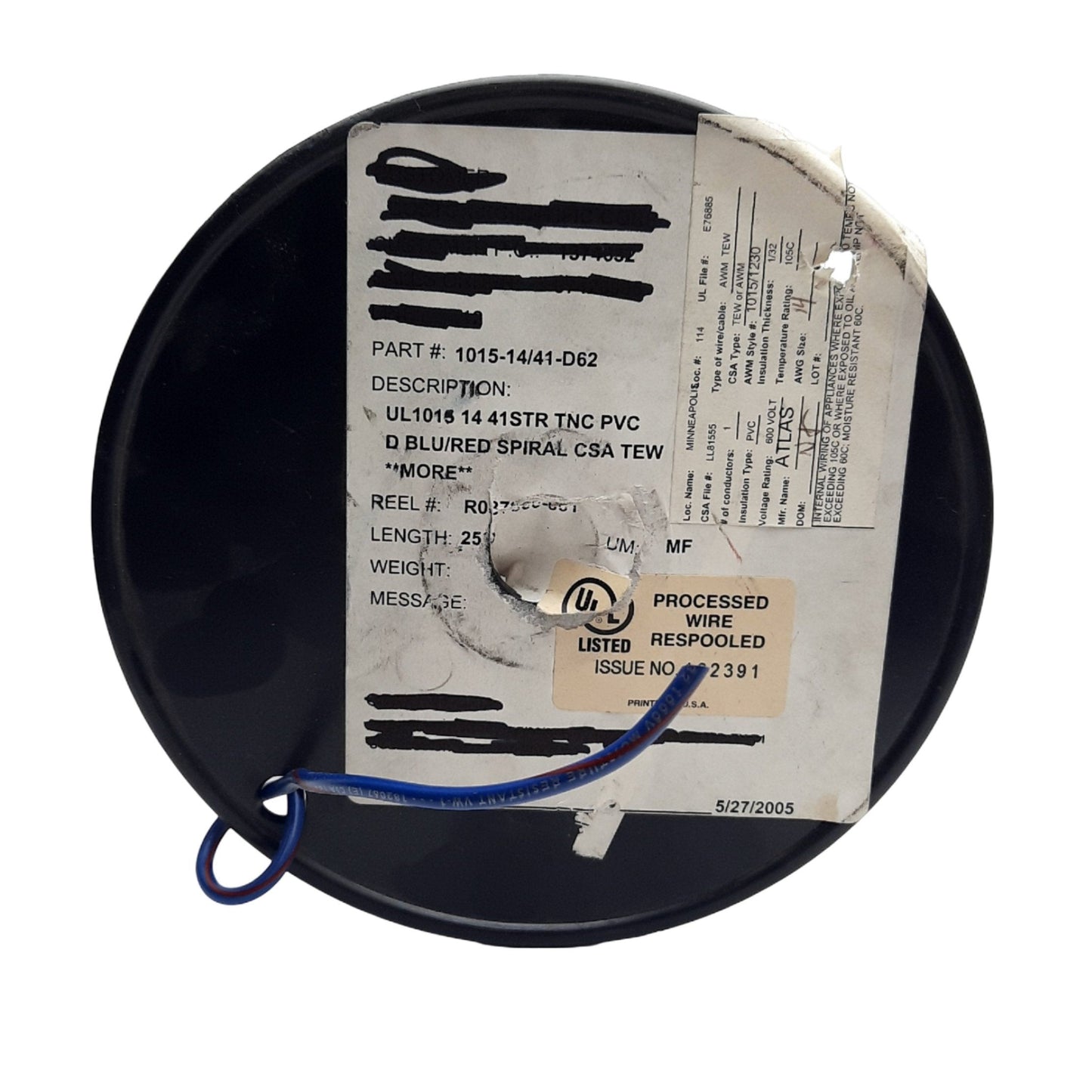 New – Open box Atlas UL1015 Hook-Up Wire, 14 Gauge 200 Feet Blue/ Red Spiral PVC/TEW 600V