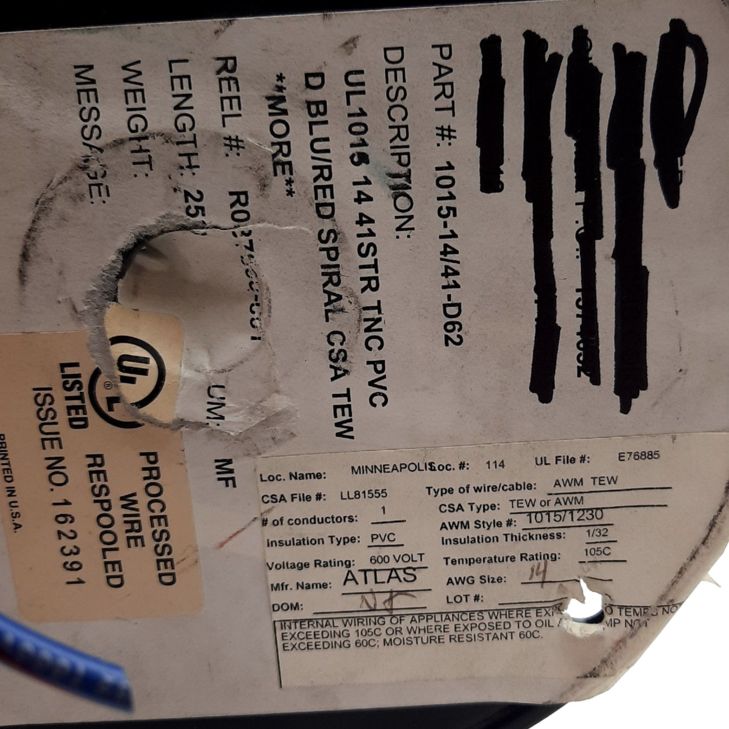 New – Open box Atlas UL1015 Hook-Up Wire, 14 Gauge 200 Feet Blue/ Red Spiral PVC/TEW 600V