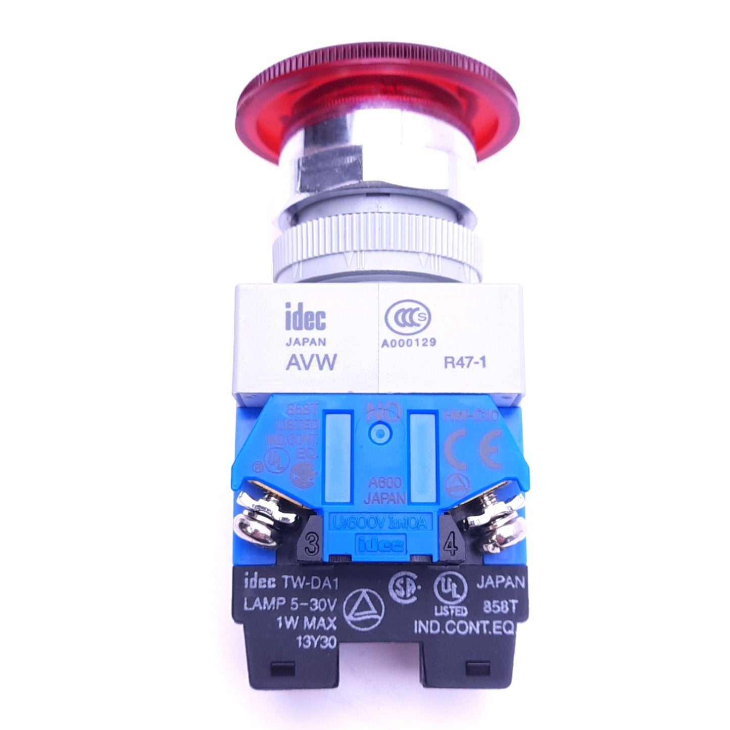 New IDEC AVW411-R Illuminated Emergency-Stop Switch, ø22mm, 1NO 1NC, 5-30VDC Lamp