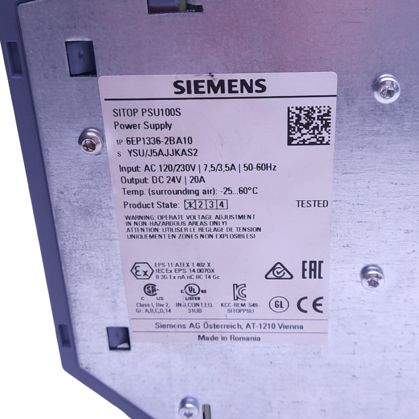 Used Siemens 6EP1336-2BA10 SITOP PSU100S Power Supply, 120/230VAC In, 24VDC 20A Out