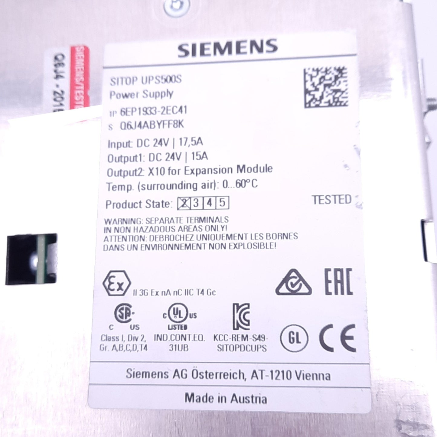 Used Siemens 6EP1933-2EC41 SITOP UPS500S Power Supply, 24VDC 17.5A In, 24VDC 15A Out