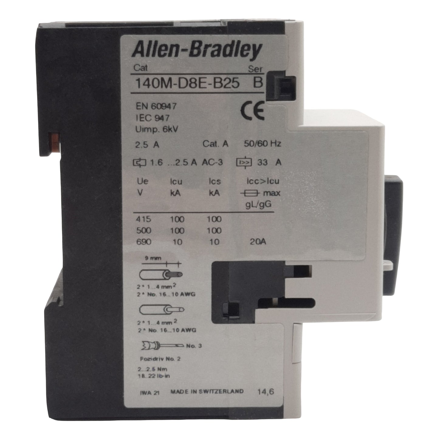 Used Allen Bradley 140M-D8E-B25 Motor Protection Circuit Breaker, 3-Pole, 1.6-2.5A