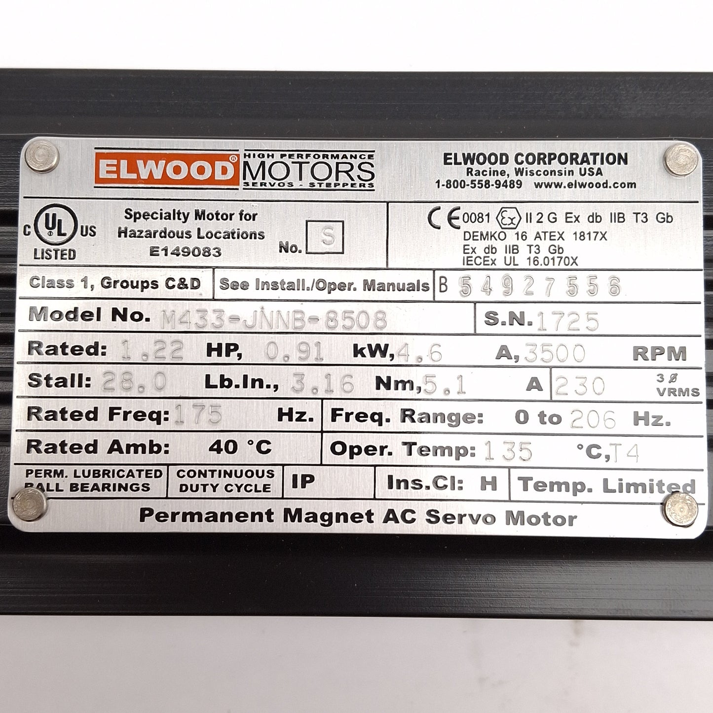 Used Elwood M433-JNNB-8508 Explosion Proof Servo Motor, 3Ø 230VAC, 0.91kW, NEMA 34