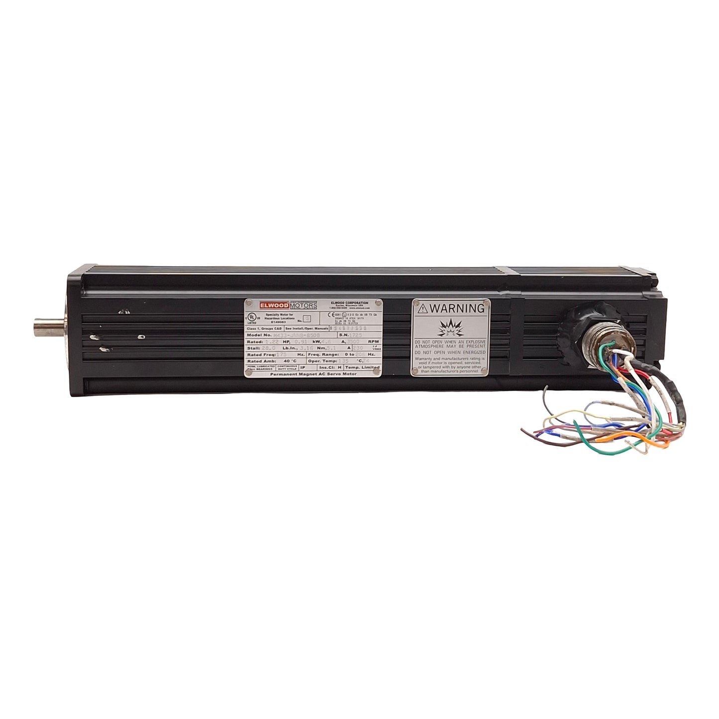 Used Elwood M433-JNNB-8508 Explosion Proof Servo Motor, 3Ø 230VAC, 0.91kW, NEMA 34
