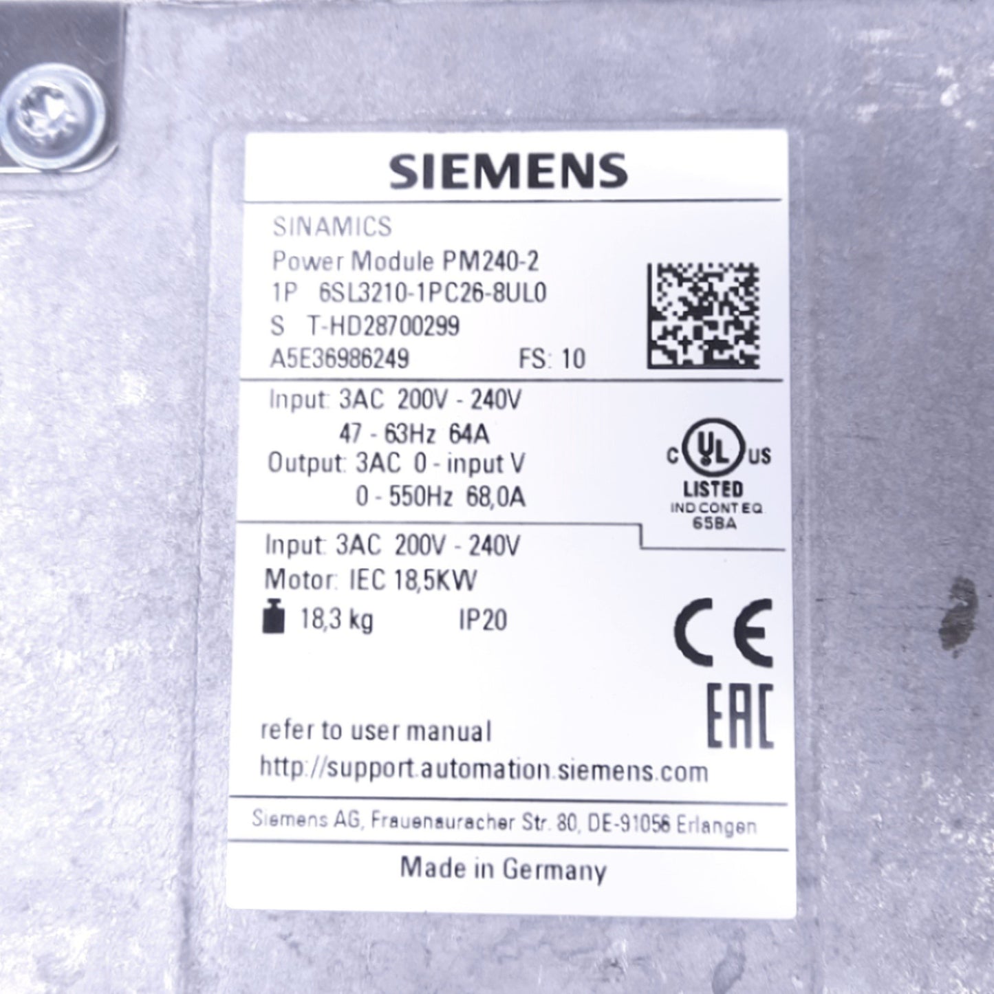 Used Siemens 6SL3210-1PC26-8UL0 PM240-2 SINAMICS Power Module, 0-240VAC, 18.5kW Max