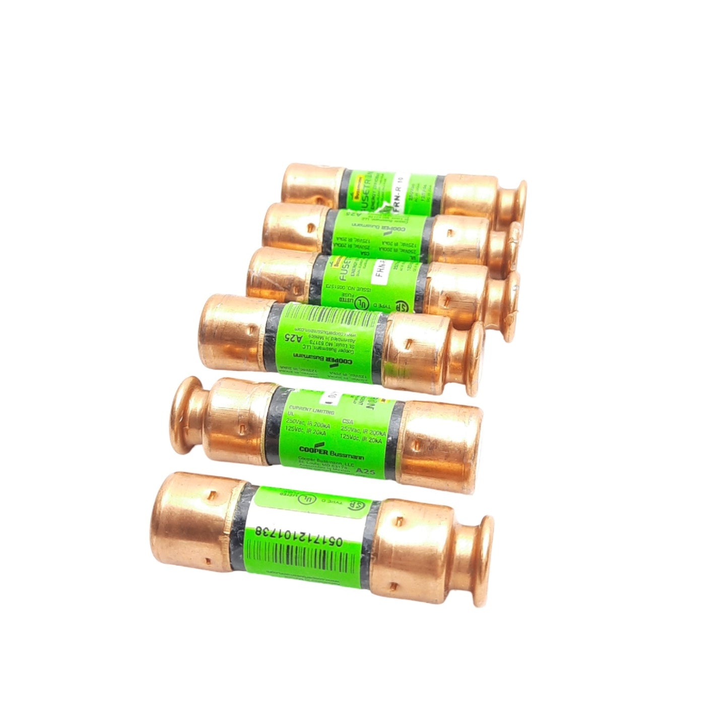 Used Lot of 6 Bussmann FRN-R-10 Time Delay Fuses, 10 Amps, 250 VAC/125VDC