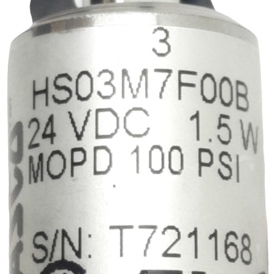 Used Asco HS03M7F00B Solenoid Valve, 100psi, M5 Male/Female Ports, 1.5W, 24VDC Coil