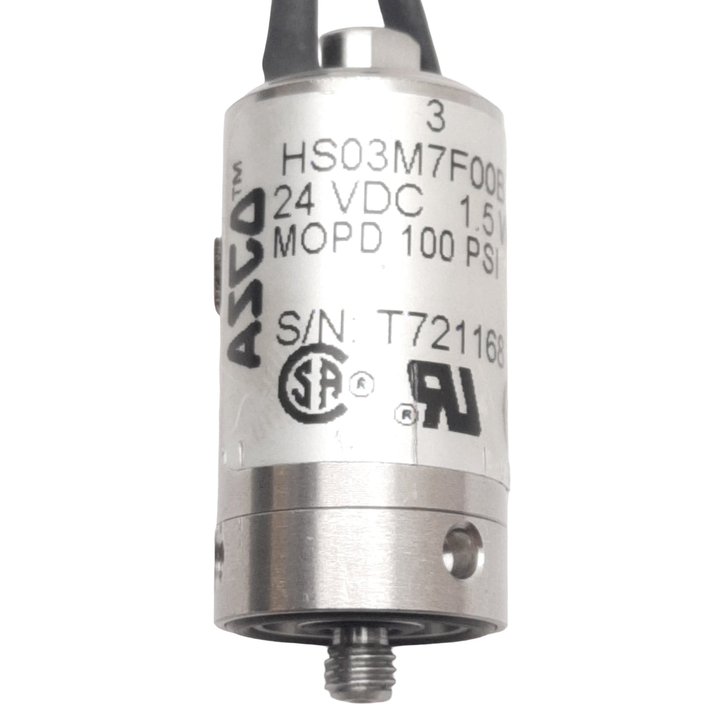 Used Asco HS03M7F00B Solenoid Valve, 100psi, M5 Male/Female Ports, 1.5W, 24VDC Coil